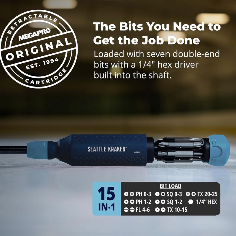 Megapro ® NHL® Team Edition Multi-bit Screwdriver | Officially Licensed NHL® Gear | Durable, Ergonomic, Pro-Grade Screwdriver (Seattle Kraken®) - Image 3
